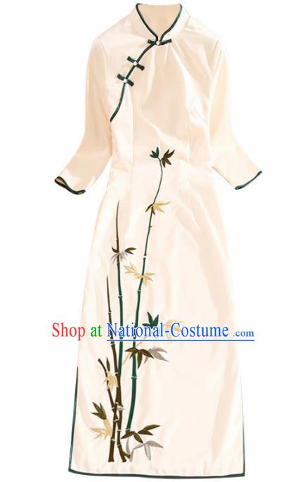 Traditional Chinese National Embroidered Bamboo White Qipao Dress Tang Suit Cheongsam Costume for Women