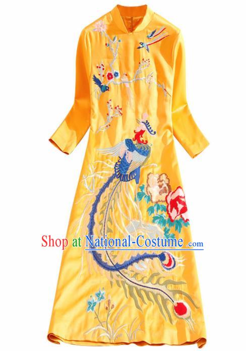 Traditional Chinese National Embroidered Phoenix Plum Golden Qipao Dress Tang Suit Cheongsam Costume for Women