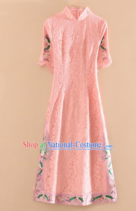 Chinese Traditional Tang Suit Embroidered Pink Lace Cheongsam National Costume Qipao Dress for Women