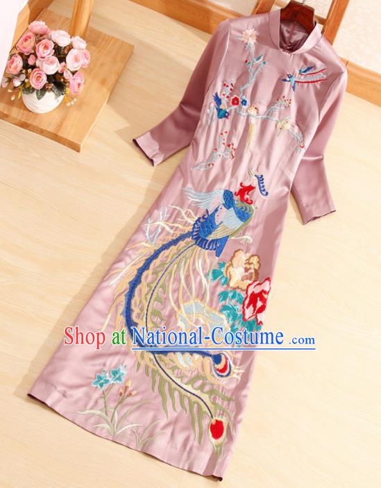 Traditional Chinese National Embroidered Phoenix Plum Pink Qipao Dress Tang Suit Cheongsam Costume for Women