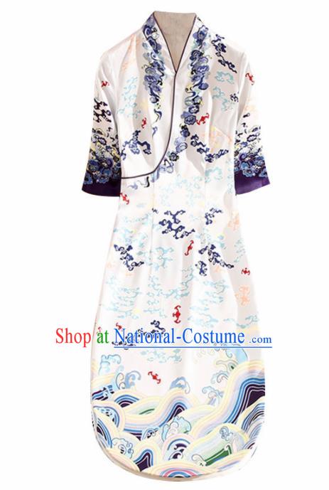 Traditional Chinese National Printing White Qipao Dress Tang Suit Cheongsam Costume for Women