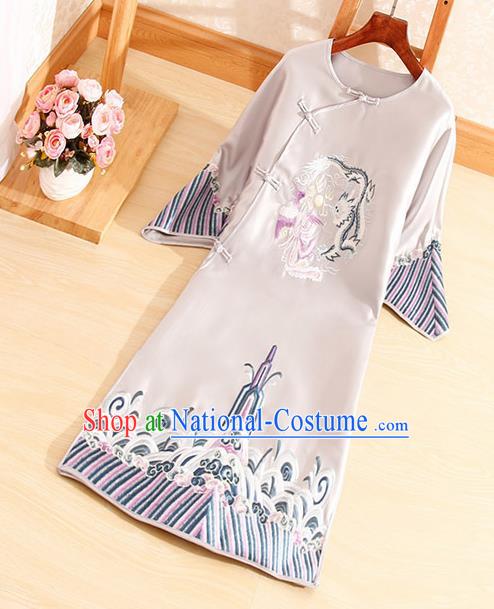 Traditional Chinese National Embroidered Dragon Phoenix Grey Qipao Dress Tang Suit Cheongsam Costume for Women