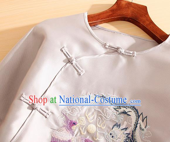 Traditional Chinese National Embroidered Dragon Phoenix Grey Qipao Dress Tang Suit Cheongsam Costume for Women