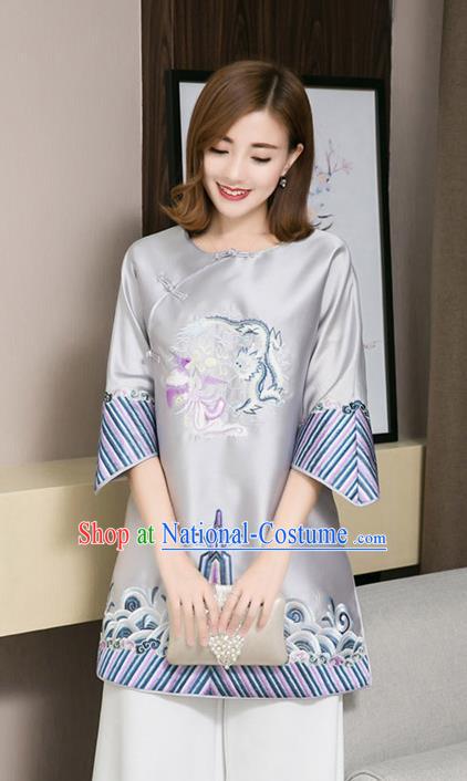 Traditional Chinese National Embroidered Dragon Phoenix Grey Qipao Dress Tang Suit Cheongsam Costume for Women