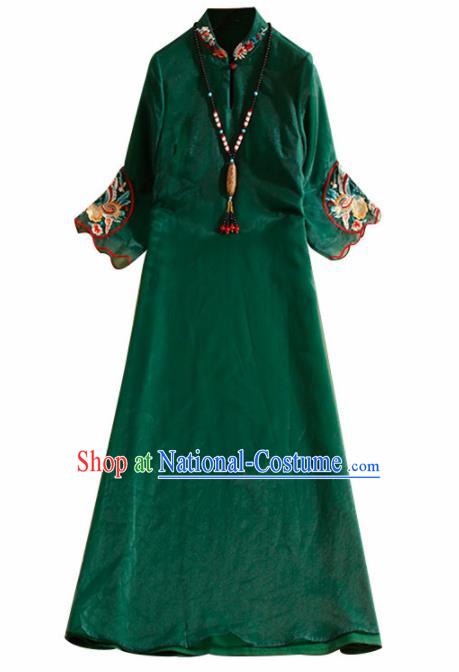 Traditional Chinese National Embroidered Butterfly Deep Green Qipao Dress Tang Suit Cheongsam Costume for Women