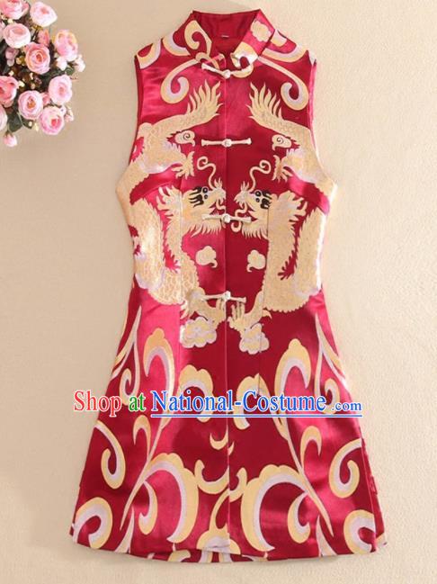 Chinese Traditional Wine Red Brocade Vest National Dress Tang Suit Waistcoat for Women