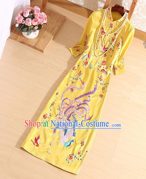 Traditional Chinese National Embroidered Phoenix Yellow Qipao Dress Tang Suit Cheongsam Costume for Women