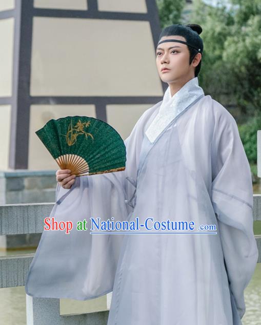 Traditional Chinese Ming Dynasty Scholar Grey Robe Ancient Nobility Childe Taoist Priest Historical Costumes for Men