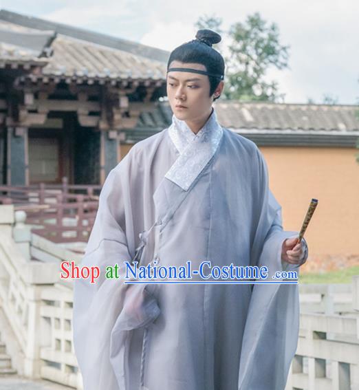 Traditional Chinese Ming Dynasty Scholar Grey Robe Ancient Nobility Childe Taoist Priest Historical Costumes for Men