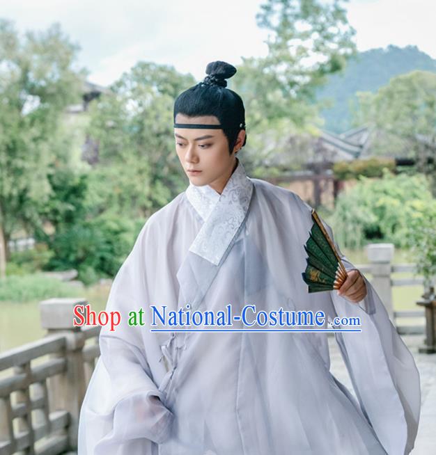 Traditional Chinese Ming Dynasty Scholar Grey Robe Ancient Nobility Childe Taoist Priest Historical Costumes for Men