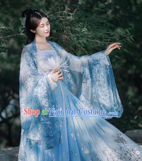 Traditional Chinese Tang Dynasty Court Infanta Blue Hanfu Dress Ancient Royal Princess Historical Costumes for Women