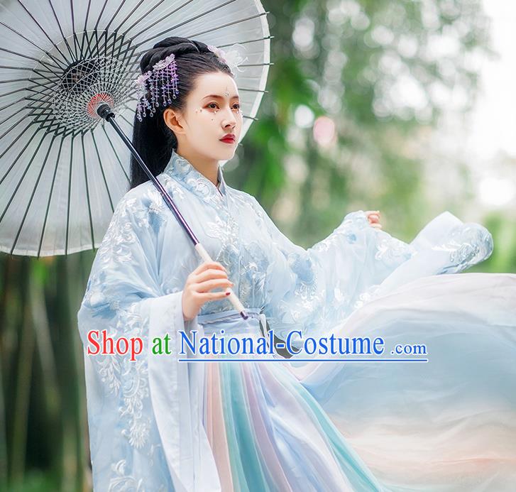 Traditional Chinese Jin Dynasty Imperial Consort Blue Hanfu Dress Ancient Royal Princess Historical Costumes for Women