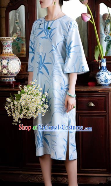 Traditional Chinese National Printing Bamboo Light Blue Qipao Dress Tang Suit Cheongsam Costume for Women