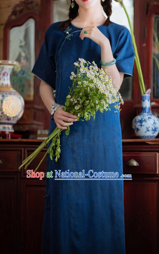 Traditional Chinese National Deep Blue Silk Qipao Dress Tang Suit Cheongsam Costume for Women