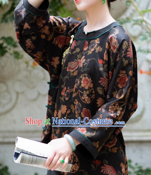 Chinese Traditional Tang Suit Printing Black Silk Blouse National Costume Republic of China Qipao Upper Outer Garment for Women