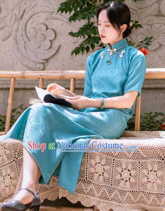 Traditional Chinese Late Qing Dynasty Lake Blue Silk Qipao Dress National Tang Suit Cheongsam Costume for Women