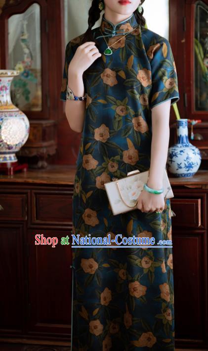 Traditional Chinese National Printing Deep Blue Silk Qipao Dress Tang Suit Cheongsam Costume for Women