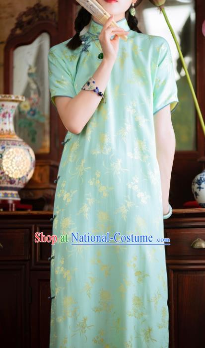 Traditional Chinese National Printing Light Green Silk Qipao Dress Tang Suit Cheongsam Costume for Women