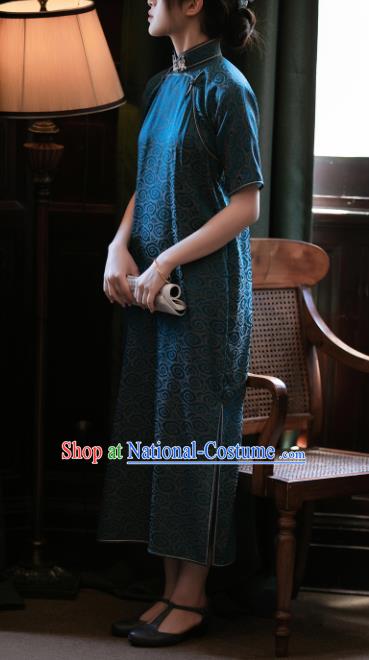 Traditional Chinese Late Qing Dynasty Lake Blue Silk Qipao Dress National Tang Suit Cheongsam Costume for Women