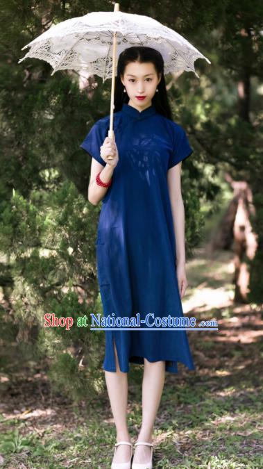 Traditional Chinese Deep Blue Silk Qipao Dress National Tang Suit Cheongsam Costume for Women