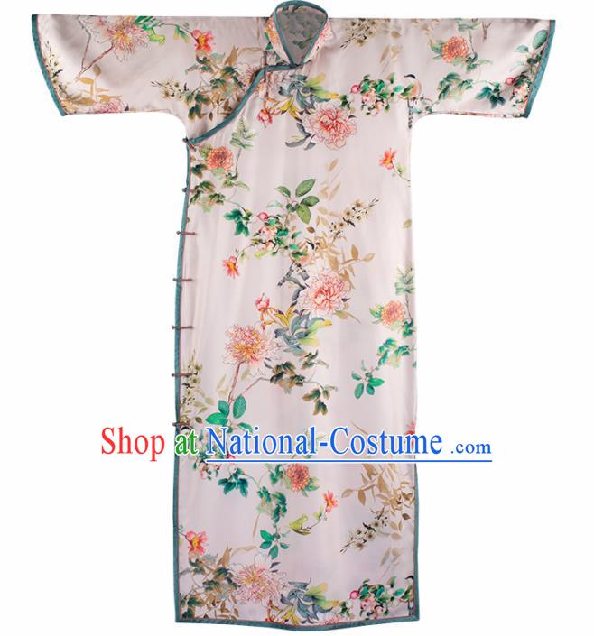 Traditional Chinese Printing White Silk Qipao Dress National Tang Suit Cheongsam Costume for Women