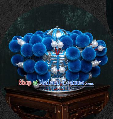 Chinese Traditional Beijing Opera Takefu Hat Peking Opera Blue Venonat Helmet for Men