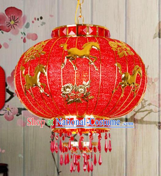 Chinese Traditional New Year Carving Horse Red Palace Lantern Handmade Hanging Lantern Asian Ceiling Lanterns Ancient Lamp