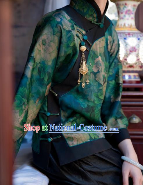 Chinese Traditional Tang Suit Printing Deep Green Silk Shirt National Costume Republic of China Qipao Upper Outer Garment for Women