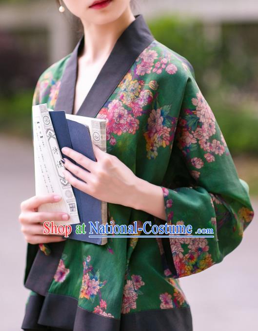 Chinese Traditional Tang Suit Printing Green Silk Shirt National Costume Republic of China Qipao Upper Outer Garment for Women