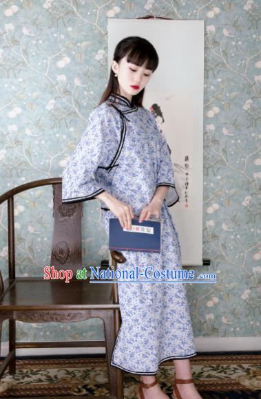 Traditional Chinese Printing Blue Flowers Qipao Dress National Tang Suit Cheongsam Costume for Women