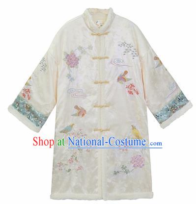 Chinese Traditional Tang Suit White Cotton Padded Coat National Costume Republic of China Qipao Upper Outer Garment for Women