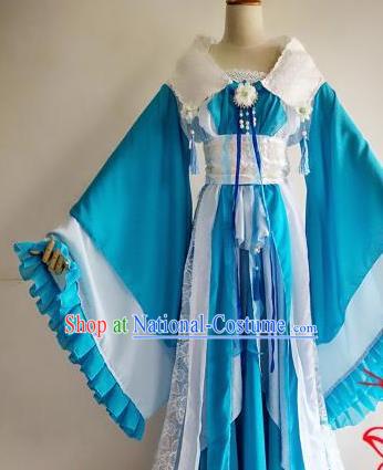 Chinese Traditional Cosplay Goddess Princess Blue Costume Ancient Imperial Consort Hanfu Dress for Women