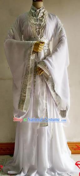 Chinese Traditional Cosplay Crown Prince Costume Ancient Taoist Swordsman White Hanfu Clothing for Men