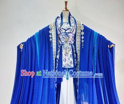 Chinese Traditional Cosplay Goddess Royalblue Costume Ancient Royal Princess Hanfu Dress for Women