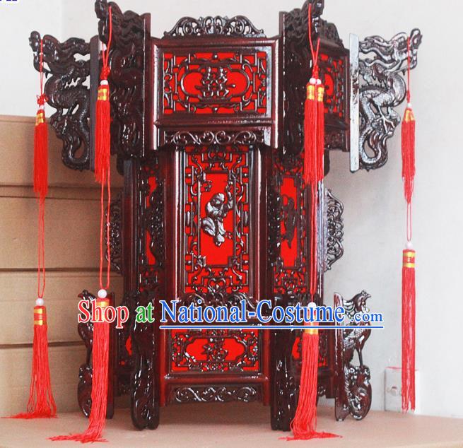 Chinese Traditional New Year Wood Carving Dragons Palace Lantern Asian Handmade Lantern Ancient Lamp