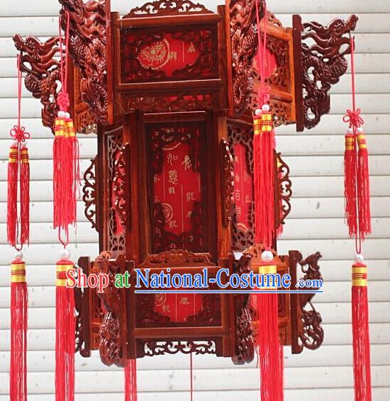 Chinese Traditional Carving Dragons Rosewood Palace Lantern Asian New Year Handmade Lantern Ancient Lamp