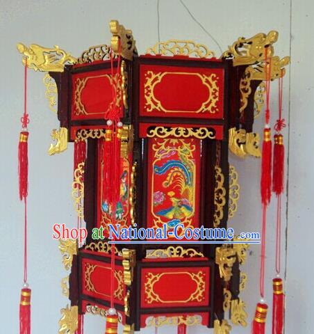 Chinese Traditional Printing Phoenix Carving Rosewood Palace Lantern Asian New Year Handmade Lantern Ancient Lamp