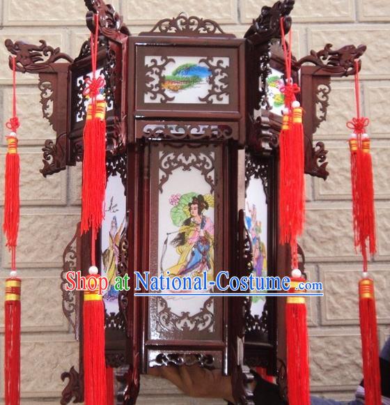 Chinese Traditional Handmade Printing Eight Immortals Carving Rosewood Palace Lantern Asian New Year Lantern Ancient Lamp