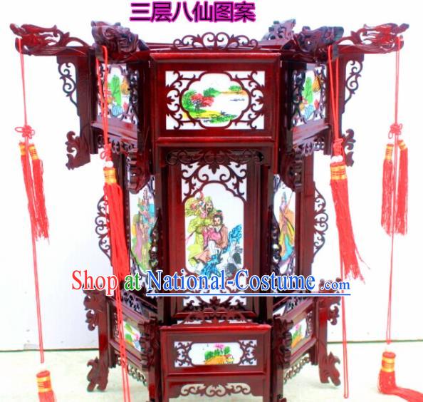 Chinese Traditional Handmade Printing Eight Immortals Carving Rosewood Palace Lantern Asian New Year Lantern Ancient Lamp