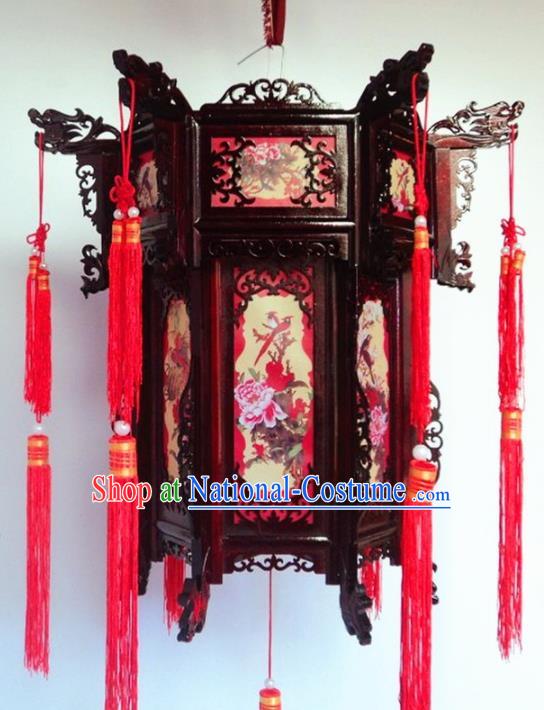 Chinese Traditional Handmade Printing Peony Birds Carving Rosewood Palace Lantern Asian New Year Lantern Ancient Lamp