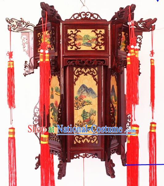 Chinese Traditional Handmade Carving Rosewood Landscape Painting Palace Lantern Asian New Year Lantern Ancient Lamp