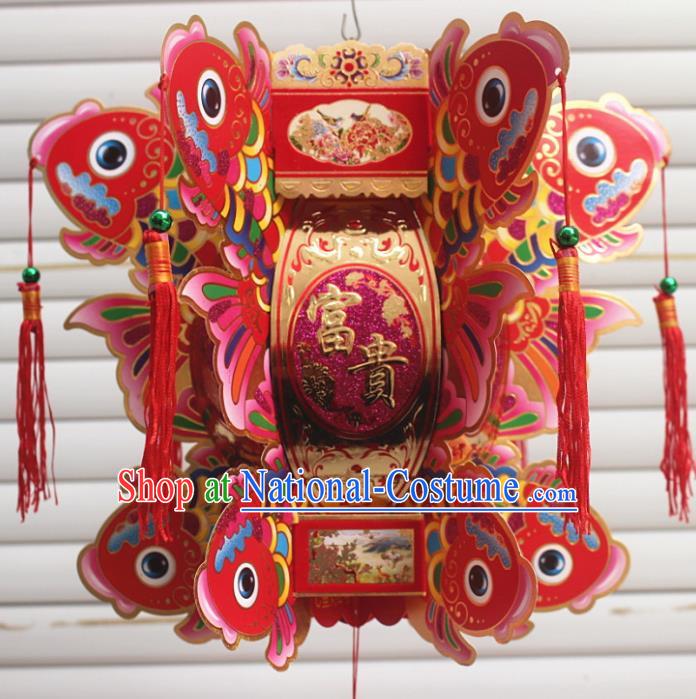 Chinese Traditional Handmade Paper Carving Fishes Red Palace Lantern Asian New Year Lantern Ancient Lamp