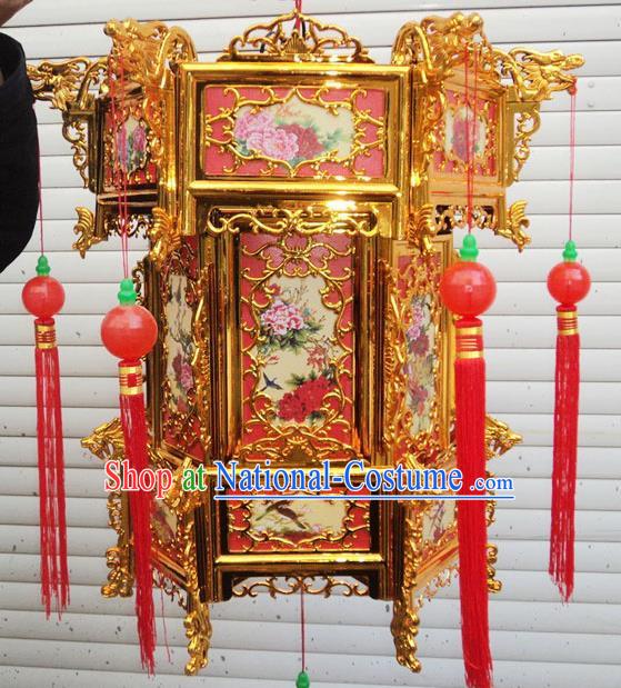 Chinese Traditional Handmade Plastic Printing Peony Red Palace Lantern Asian New Year Lantern Ancient Ceiling Lamp