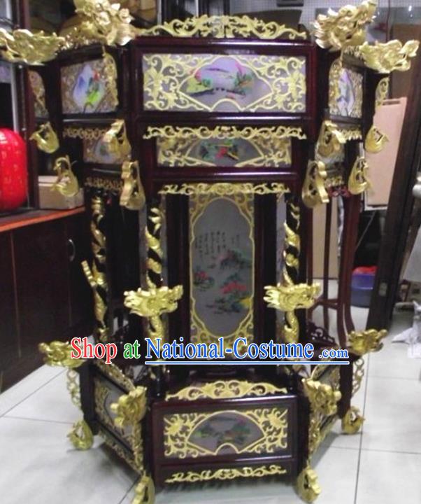 Chinese Traditional Handmade Carving Golden Dragons Wood Palace Lantern Asian New Year Lantern Ancient Ceiling Lamp