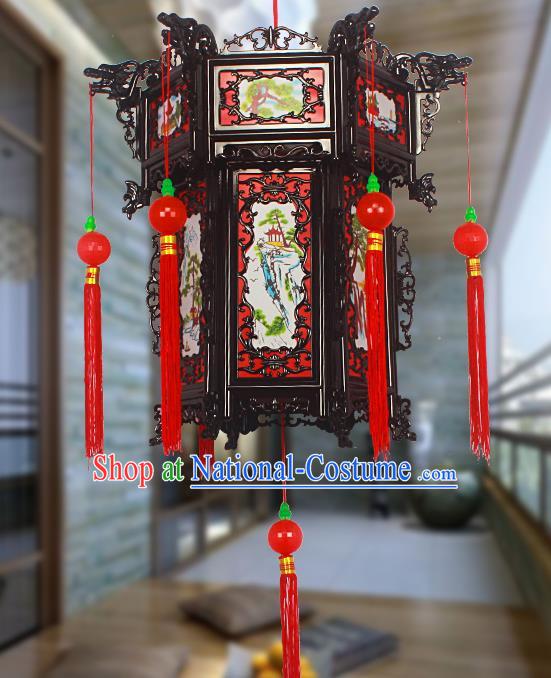 Chinese Traditional Handmade Red Tassel Printing Plastic Palace Lantern Asian New Year Lantern Ancient Ceiling Lamp