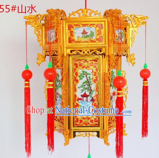 Chinese Traditional Handmade Carving Printing Landscape Palace Lantern Asian New Year Red Lantern Ancient Ceiling Lamp