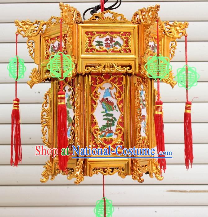 Chinese Traditional Handmade Carving Printing Golden Palace Lantern Asian New Year Lantern Ancient Ceiling Lamp