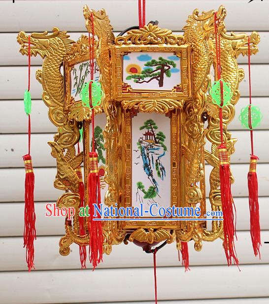 Chinese Traditional Handmade Carving Golden Dragons Palace Lantern Asian New Year Lantern Ancient Ceiling Lamp