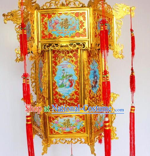 Chinese Traditional Handmade Carving Dragons Blue Palace Lantern Asian New Year Lantern Ancient Ceiling Lamp