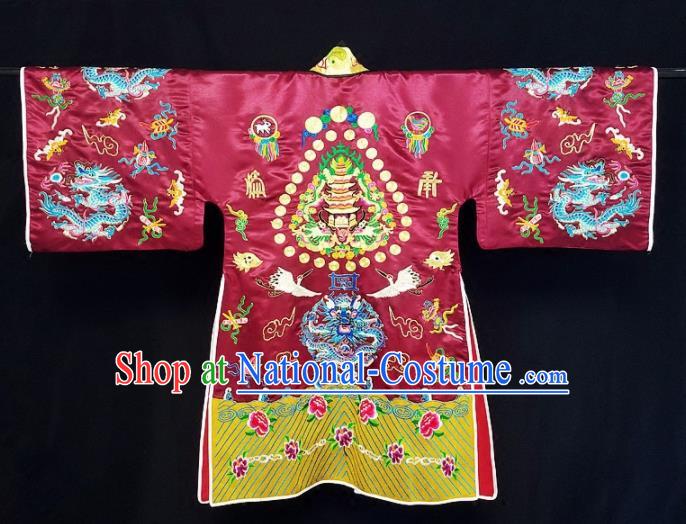 Chinese Ancient Taoist Priest Embroidered Dragon Crane Purplish Red Cassocks Traditional Taoism Vestment Costume